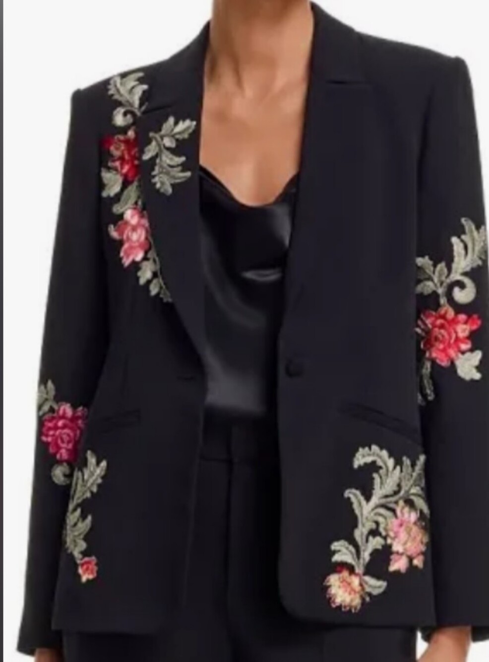 cinq a sept Black Blazer with Pink & Red Floral Embroidery